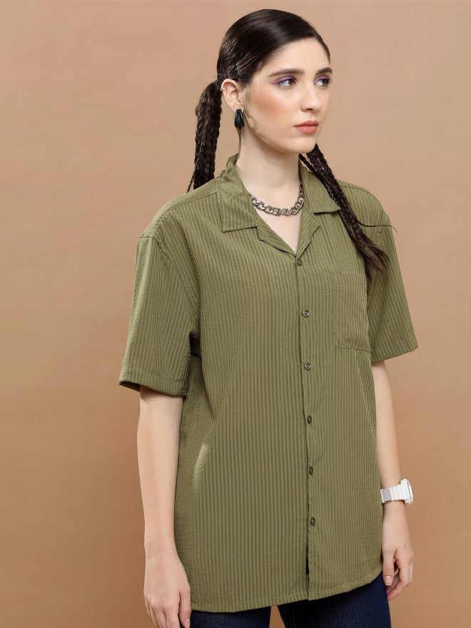 Highlander Unisex Olive Striped Oversized Fit Casual Shirt - Olive - Image 6