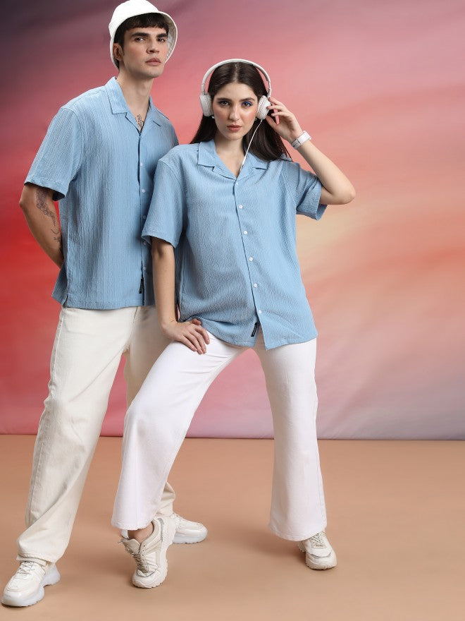 Highlander Unisex Light Blue Solid Oversized Fit Casual Shirt - Blue - Image 2