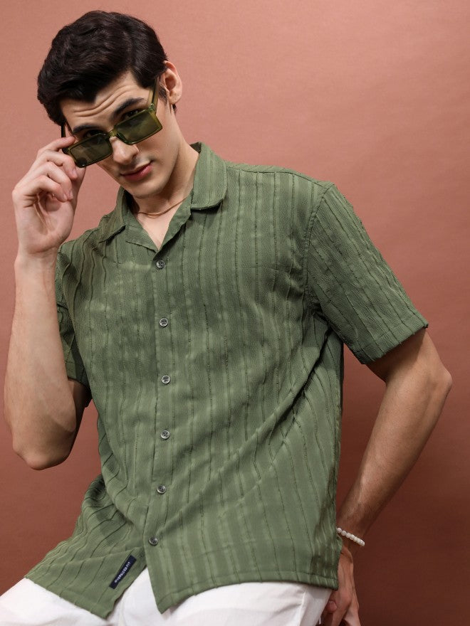 Highlander Men Olive Striped Oversized Fit Casual Shirt - Olive - Image 1