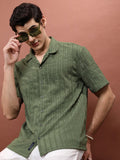 Highlander Men Olive Striped Oversized Fit Casual Shirt - Olive - Image 1