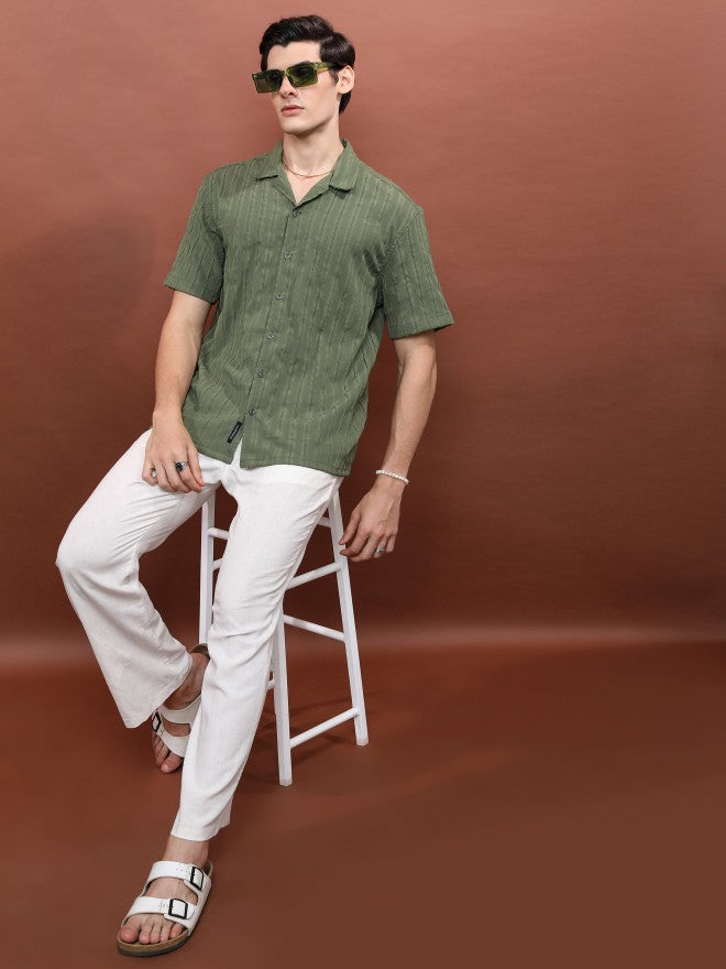 Highlander Men Olive Striped Oversized Fit Casual Shirt - Olive - Image 2
