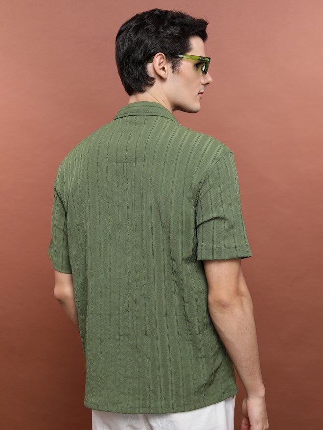 Highlander Men Olive Striped Oversized Fit Casual Shirt - Olive - Image 3