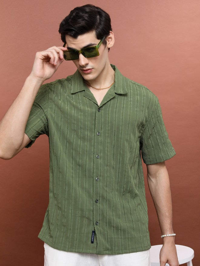 Highlander Men Olive Striped Oversized Fit Casual Shirt - Olive - Image 4