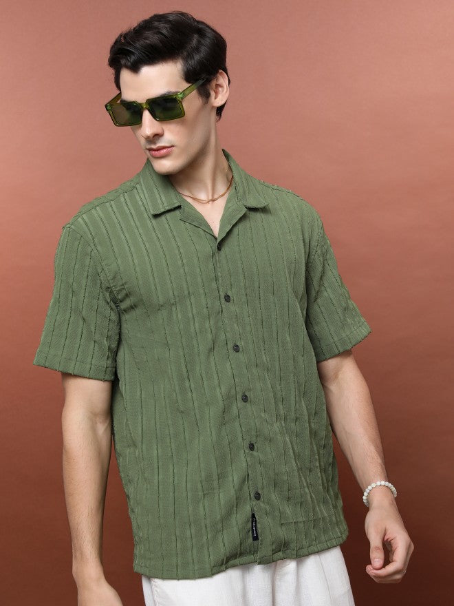 Highlander Men Olive Striped Oversized Fit Casual Shirt - Olive - Image 6