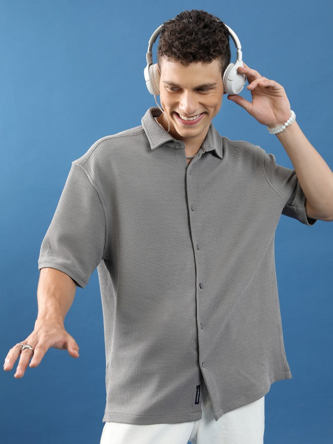 Highlander Unisex Grey Textured Oversized Fit Casual Shirt - Grey - Image 1
