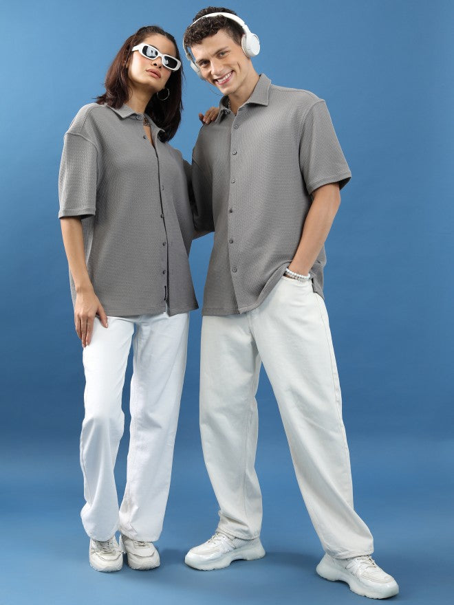 Highlander Unisex Grey Textured Oversized Fit Casual Shirt - Grey - Image 2