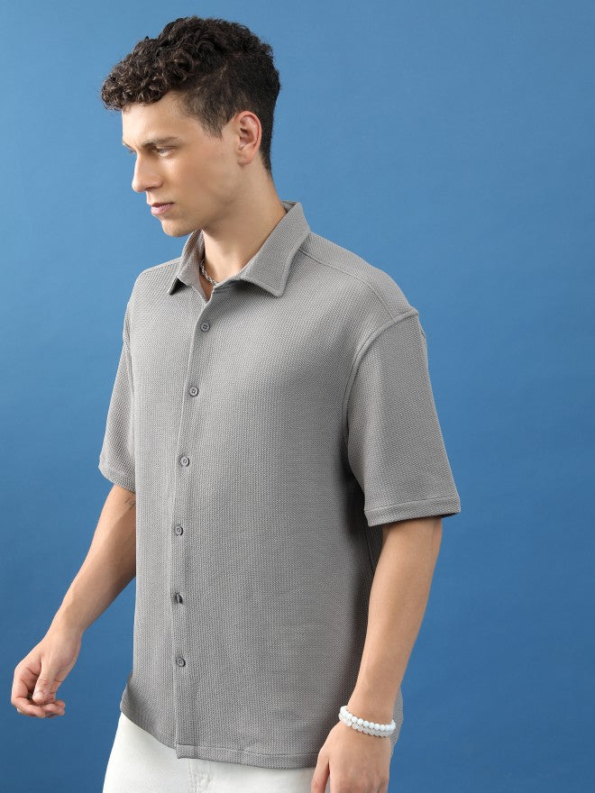 Highlander Unisex Grey Textured Oversized Fit Casual Shirt - Grey - Image 4