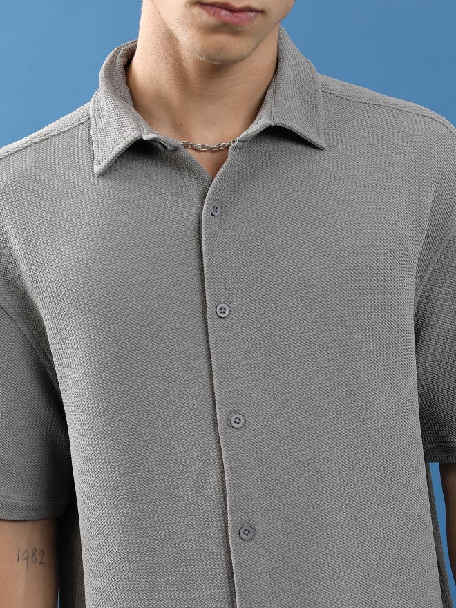 Highlander Unisex Grey Textured Oversized Fit Casual Shirt - Grey - Image 5
