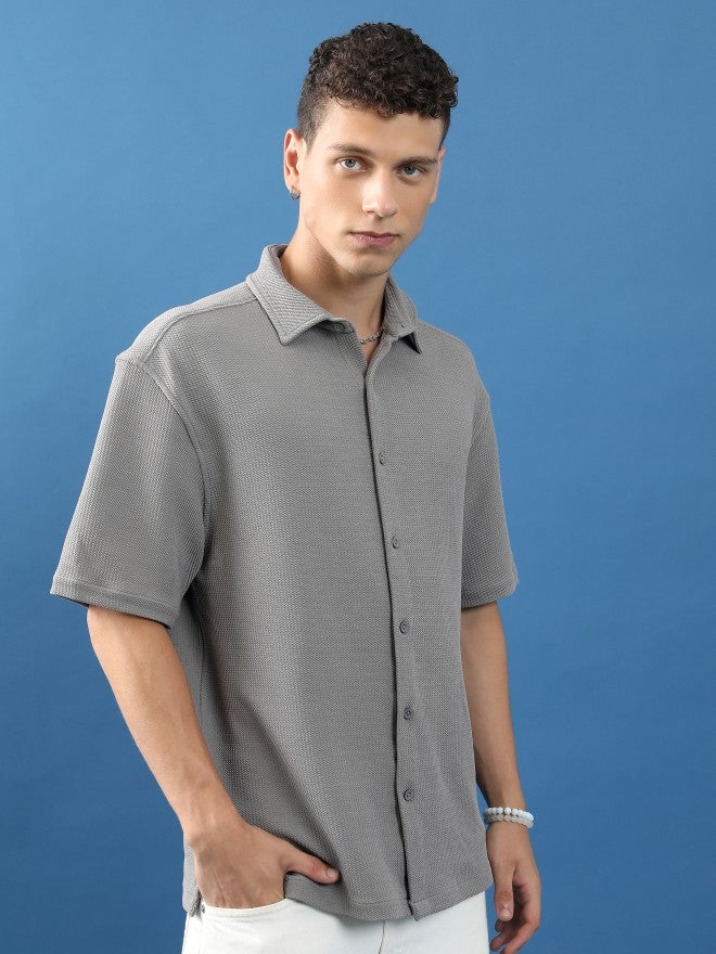 Highlander Unisex Grey Textured Oversized Fit Casual Shirt - Grey - Image 6