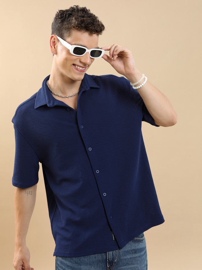 Highlander Unisex Navy Textured Oversized Fit Casual Shirt - Navy Blue - Image 1