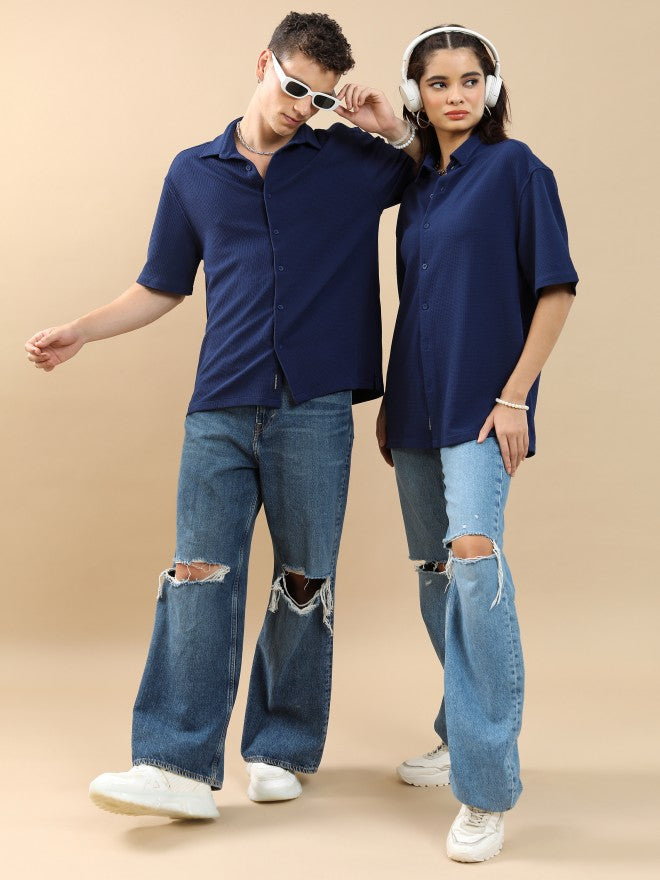 Highlander Unisex Navy Textured Oversized Fit Casual Shirt - Navy Blue - Image 2
