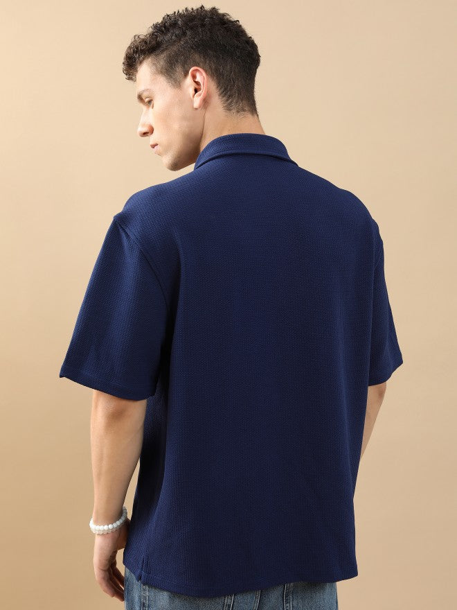 Highlander Unisex Navy Textured Oversized Fit Casual Shirt - Navy Blue - Image 3