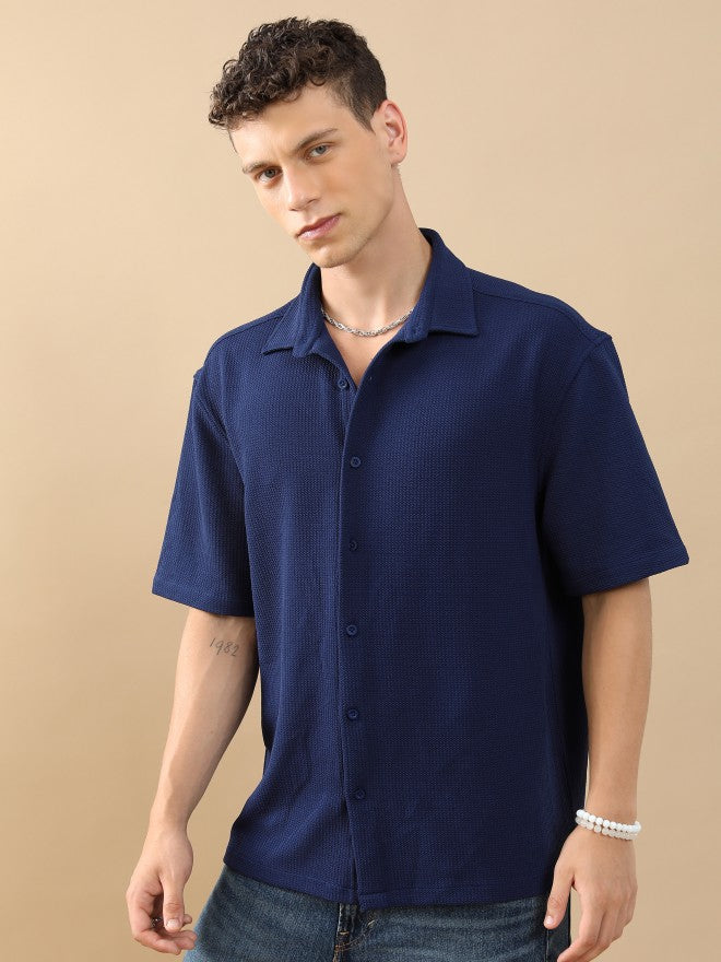 Highlander Unisex Navy Textured Oversized Fit Casual Shirt - Navy Blue - Image 4
