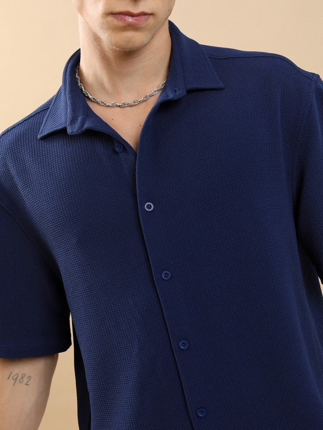 Highlander Unisex Navy Textured Oversized Fit Casual Shirt - Navy Blue - Image 5