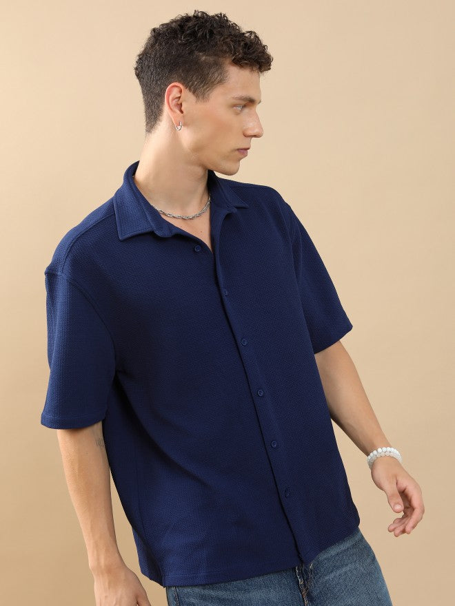Highlander Unisex Navy Textured Oversized Fit Casual Shirt - Navy Blue - Image 6