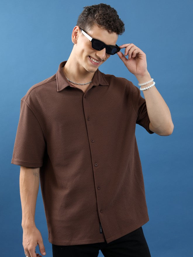 Highlander Unisex Brown Textured Oversized Fit Casual Shirt - Brown - Image 1