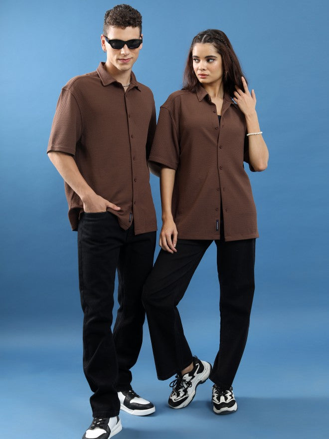 Highlander Unisex Brown Textured Oversized Fit Casual Shirt - Brown - Image 2