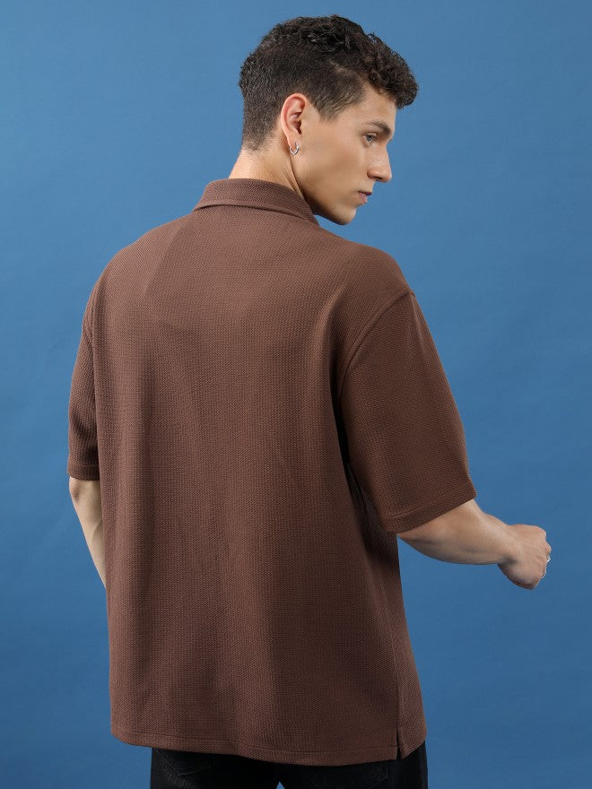 Highlander Unisex Brown Textured Oversized Fit Casual Shirt - Brown - Image 3