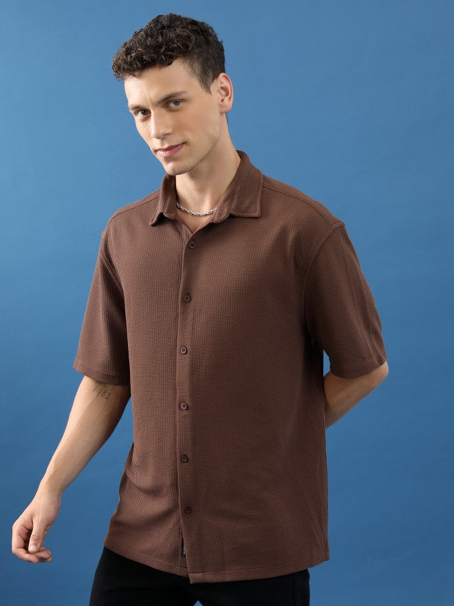 Highlander Unisex Brown Textured Oversized Fit Casual Shirt - Brown - Image 4