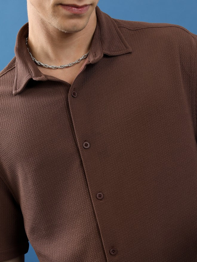 Highlander Unisex Brown Textured Oversized Fit Casual Shirt - Brown - Image 5