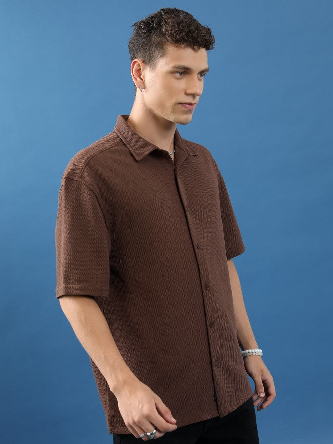 Highlander Unisex Brown Textured Oversized Fit Casual Shirt - Brown - Image 6
