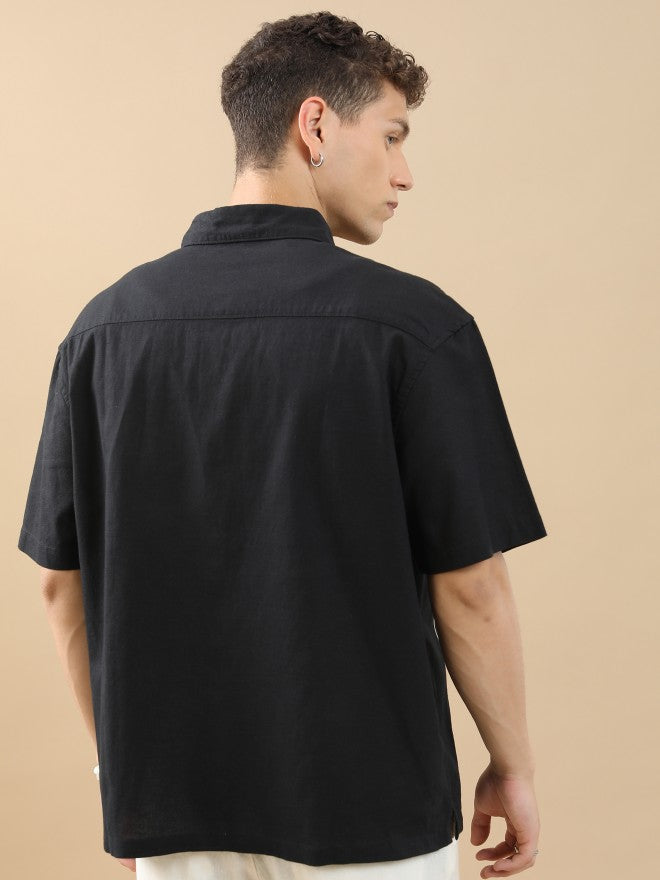 Highlander Men Black Embroidered Oversized Fit Casual Shirt - Black - Image 3