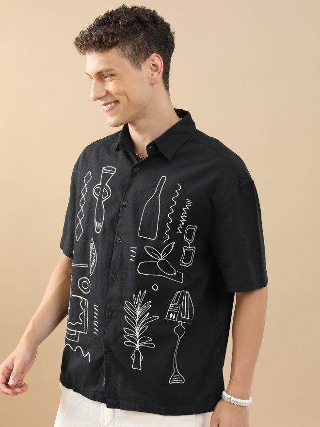 Highlander Men Black Embroidered Oversized Fit Casual Shirt - Black - Image 4
