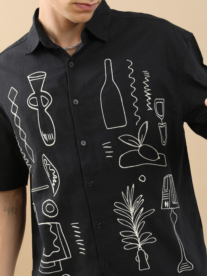 Highlander Men Black Embroidered Oversized Fit Casual Shirt - Black - Image 5
