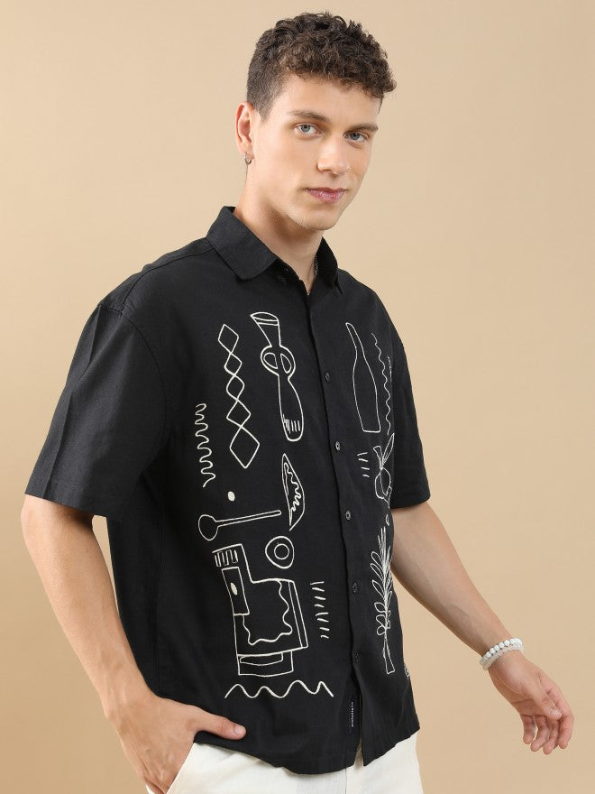 Highlander Men Black Embroidered Oversized Fit Casual Shirt - Black - Image 6