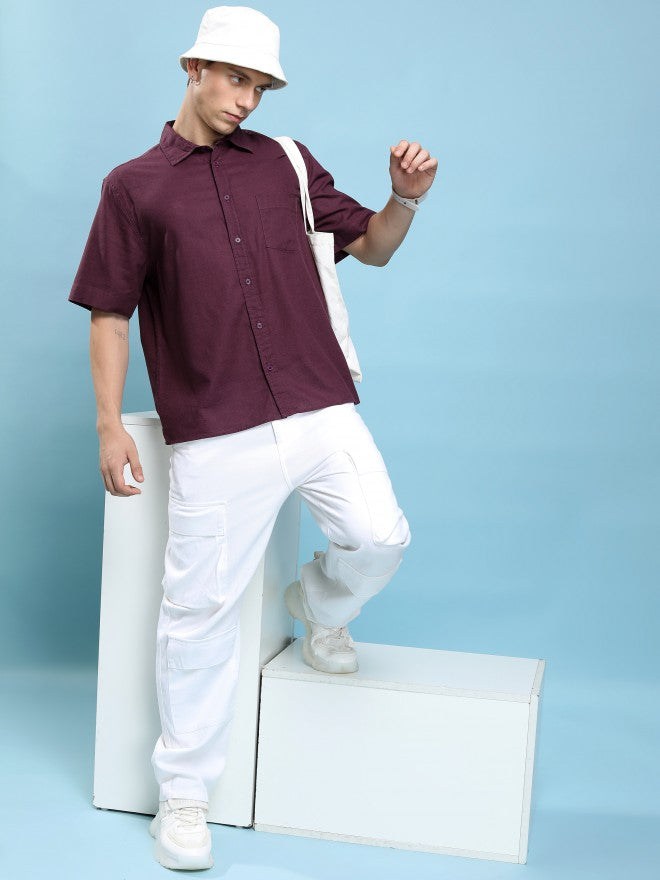 Highlander Men Maroon Solid Oversized Fit Casual Shirt - Maroon - Image 2