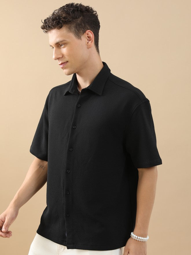 Highlander Men Black Solid Oversized Fit Casual Shirt - Black - Image 4