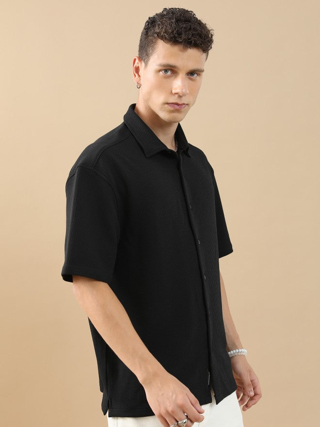 Highlander Men Black Solid Oversized Fit Casual Shirt - Black - Image 6