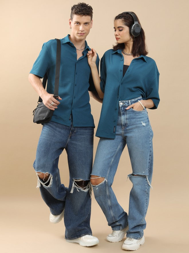 Highlander Men Teal Solid Oversized Fit Casual Shirt - Teal - Image 2