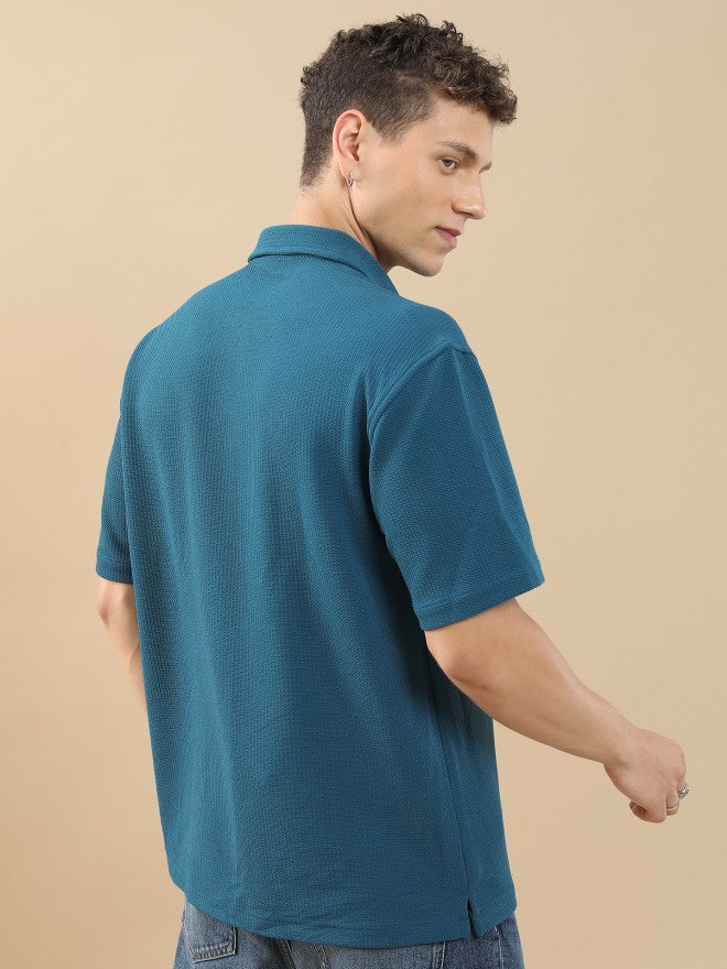 Highlander Men Teal Solid Oversized Fit Casual Shirt - Teal - Image 3