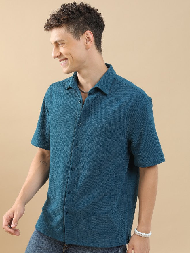 Highlander Men Teal Solid Oversized Fit Casual Shirt - Teal - Image 4
