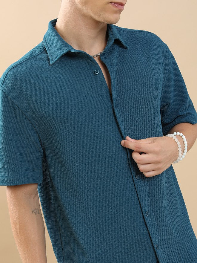 Highlander Men Teal Solid Oversized Fit Casual Shirt - Teal - Image 5