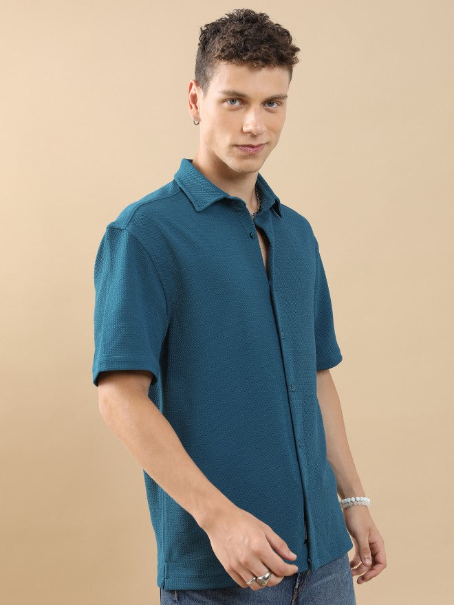 Highlander Men Teal Solid Oversized Fit Casual Shirt - Teal - Image 6
