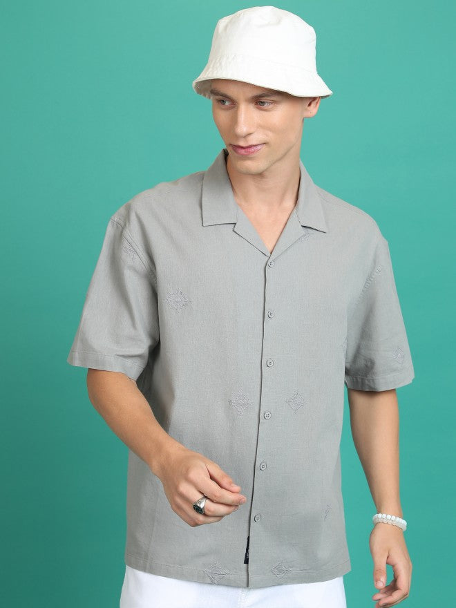 Highlander Men Grey Embroidered Oversized Fit Casual Shirt - Grey - Image 1