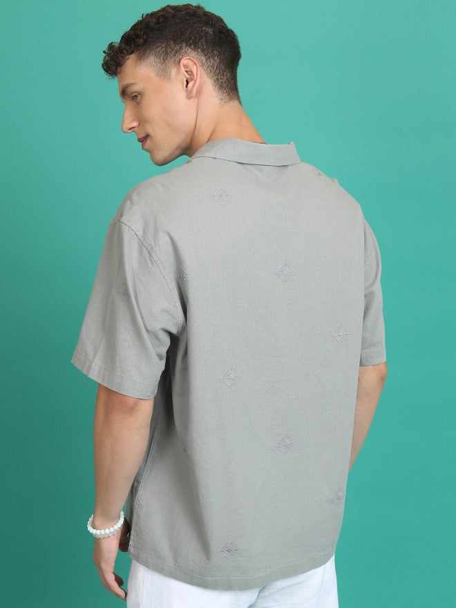 Highlander Men Grey Embroidered Oversized Fit Casual Shirt - Grey - Image 3