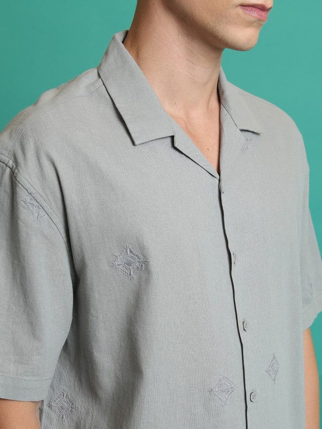 Highlander Men Grey Embroidered Oversized Fit Casual Shirt - Grey - Image 5