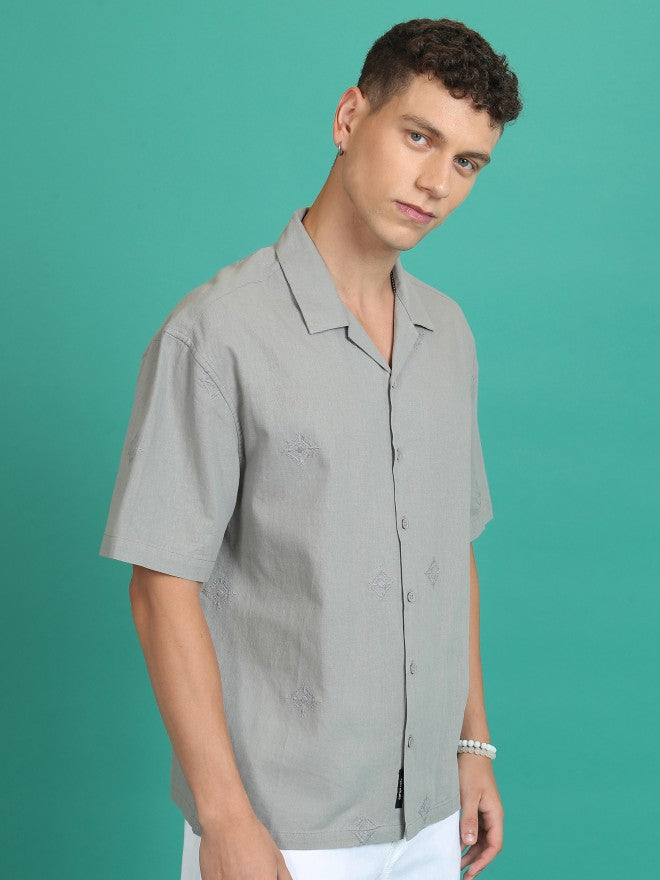 Highlander Men Grey Embroidered Oversized Fit Casual Shirt - Grey - Image 6