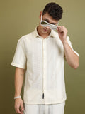 Highlander Men Cream Self Design Oversized Fit Casual Shirt - Cream - Image 1