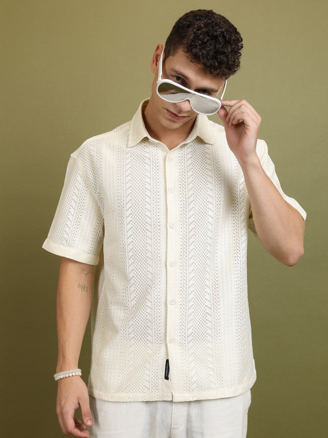Highlander Men Cream Self Design Oversized Fit Casual Shirt - Cream - Image 1