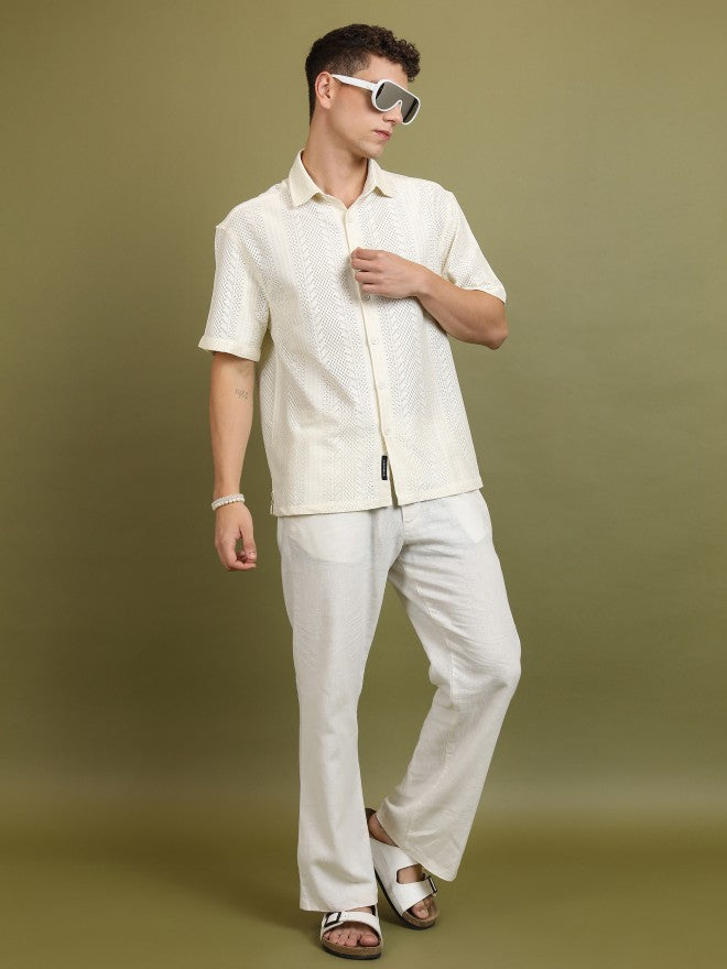 Highlander Men Cream Self Design Oversized Fit Casual Shirt - Cream - Image 2