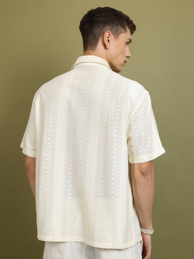 Highlander Men Cream Self Design Oversized Fit Casual Shirt - Cream - Image 3