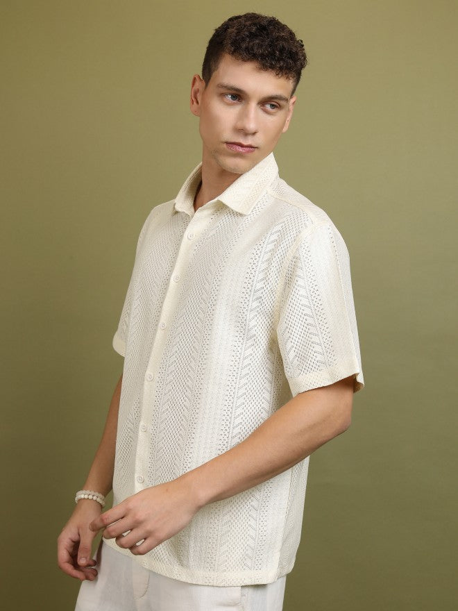 Highlander Men Cream Self Design Oversized Fit Casual Shirt - Cream - Image 4