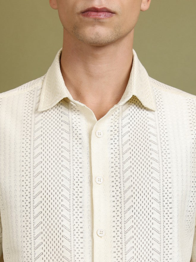 Highlander Men Cream Self Design Oversized Fit Casual Shirt - Cream - Image 5