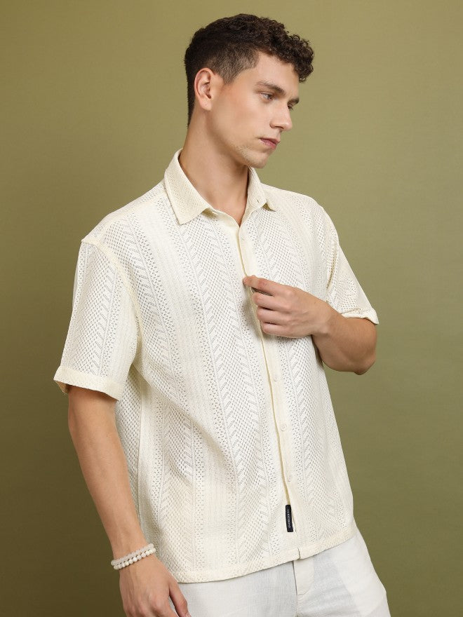 Highlander Men Cream Self Design Oversized Fit Casual Shirt - Cream - Image 6