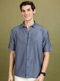 Highlander Men Blue Self Design Oversized Fit Casual Shirt - Blue - Image 1