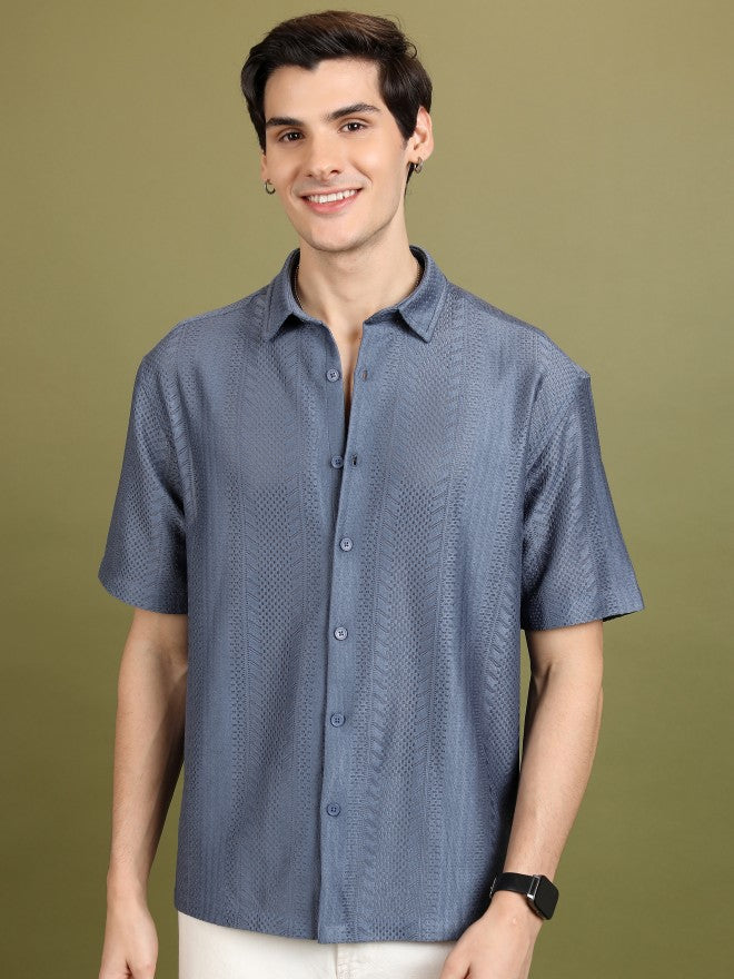 Highlander Men Blue Self Design Oversized Fit Casual Shirt - Blue - Image 1